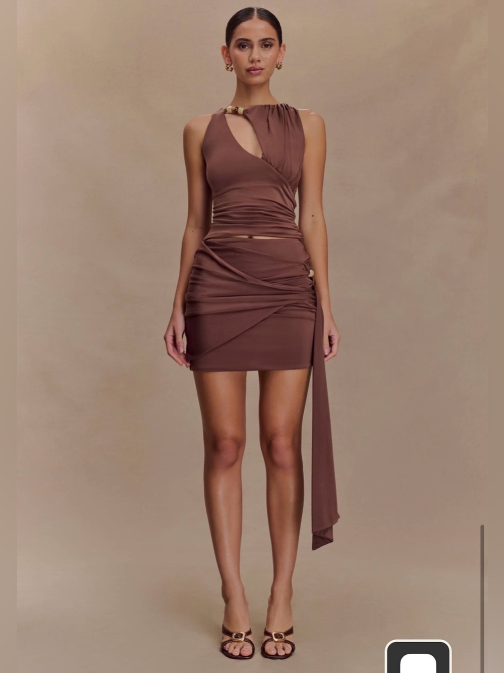 Meshki Alicent Slinky Beaded Top & Skirt XS Chocolate Brown